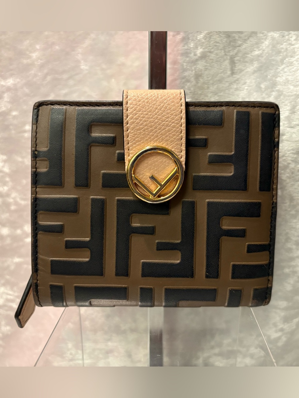 Fendi 1974 Zucca Embossed Compact Leather Wallet Blush Pink Interior Authentic